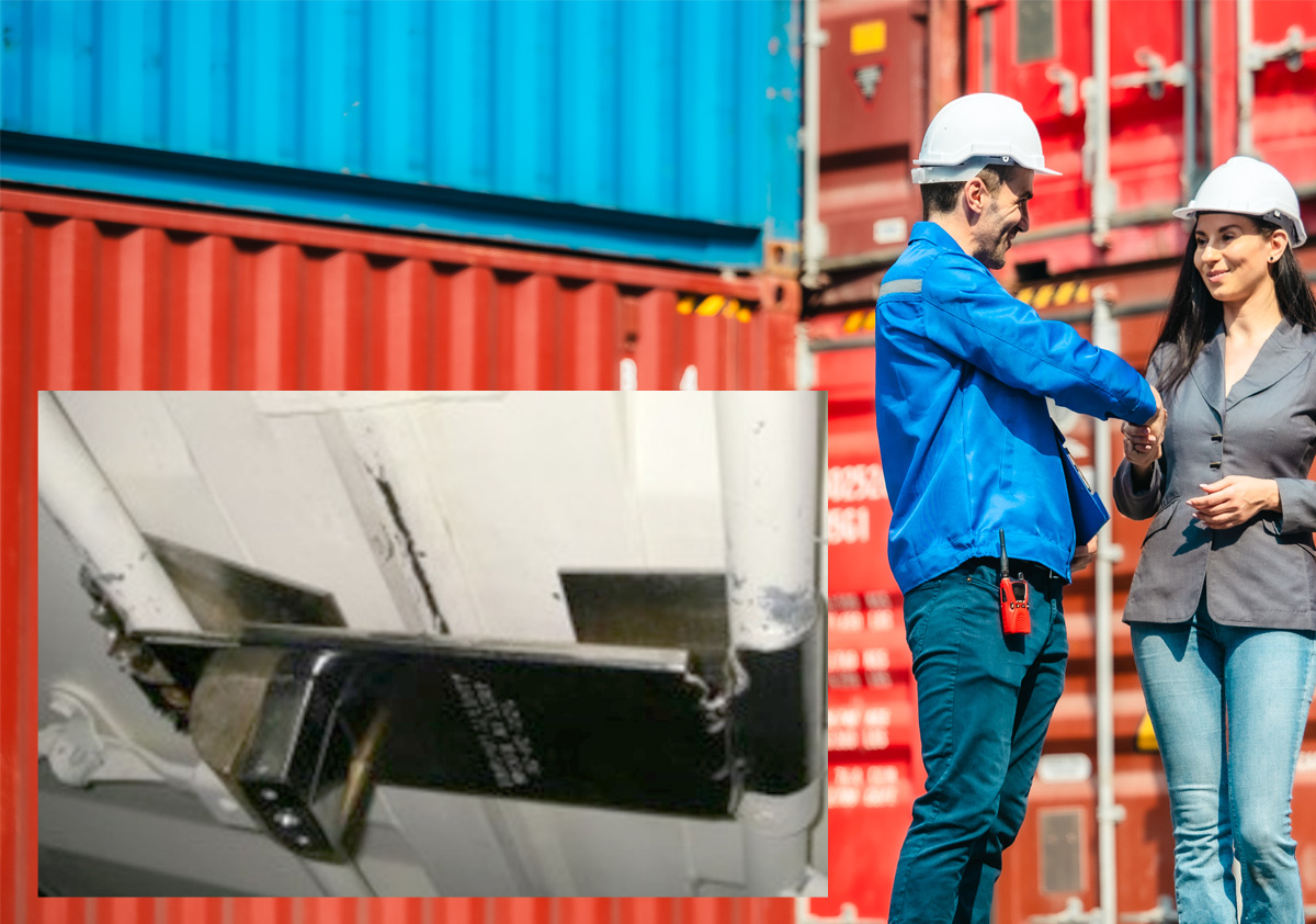 Two individuals talking with each other near the cargo containers